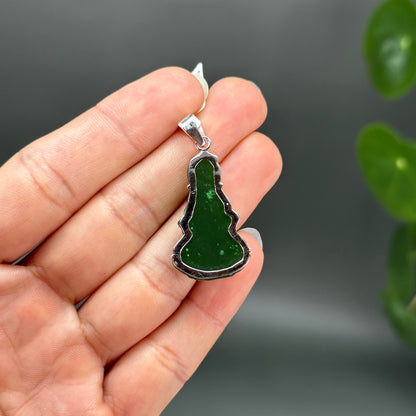 Quan The Am Buddha Nephrite Jade Pendant in 10K White Gold Simple Setting