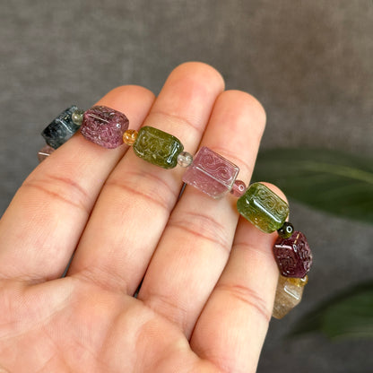 Natural Rainbow Tourmaline Nhu Y Lu Thong  Carved Bracelet Size 11 mm