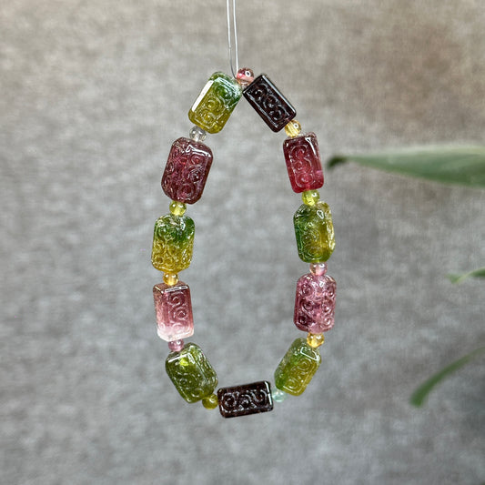 Natural Rainbow Tourmaline Nhu Y Lu Thong  Carved Bracelet Size 14 mm with Gem Review Certificate