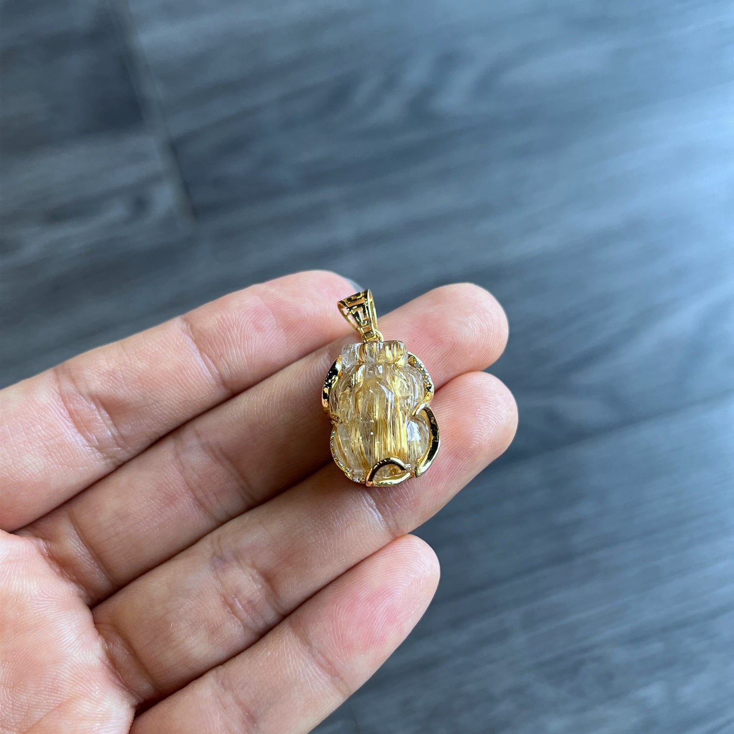 Pixiu Golden Rutilated Quartz Pendant in Yellow Gold Setting