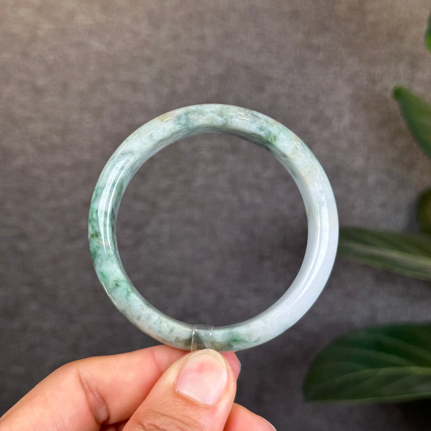 Natural Floral Green with Touches of Orange Jadeite Jade Bangle Leaf Style Size 57 mm