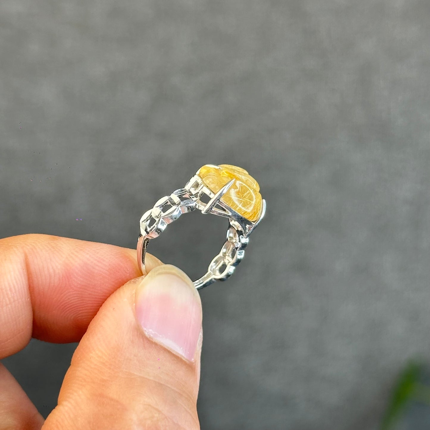 Natural Golden Rutilated Quartz Ho Ly Ring in Silver White Gold Plated Setting Size 1.6