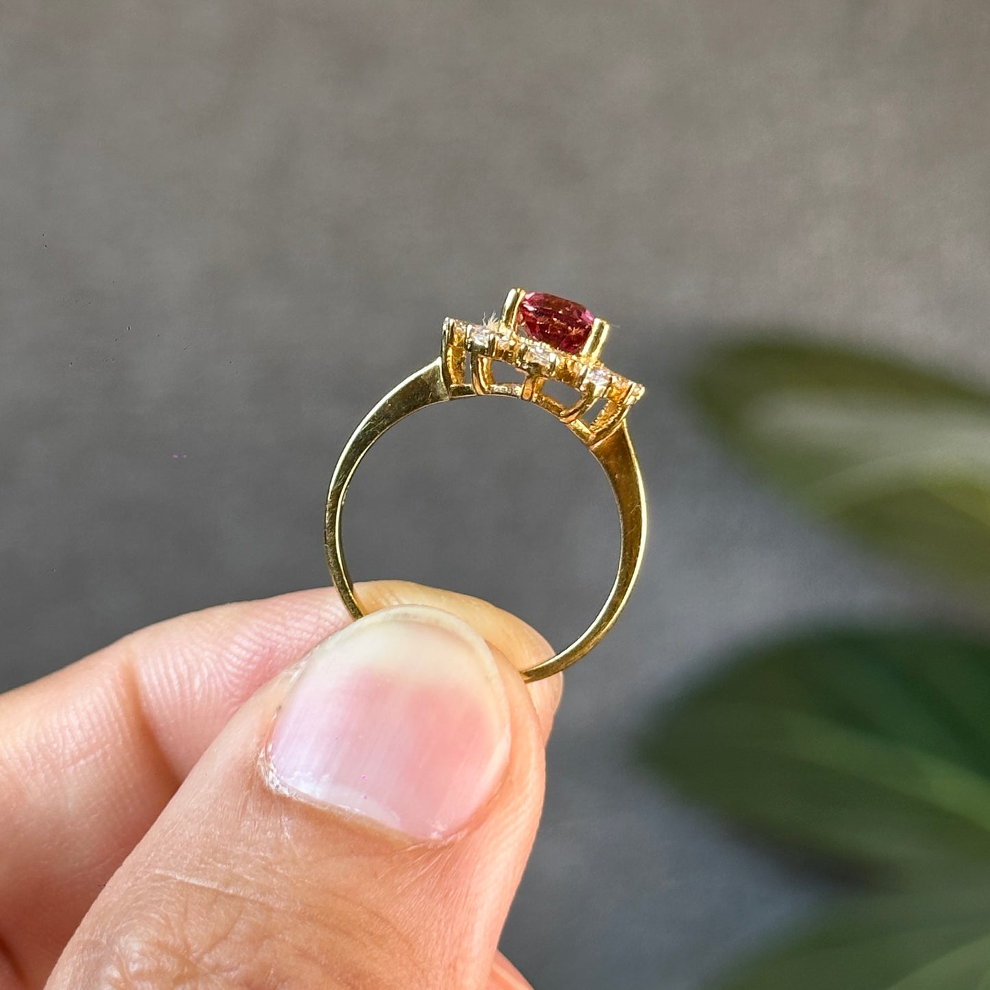 Natural Rosey Red Spinel Ring in 10K Yellow Gold with White Stone Setting Size 1.7