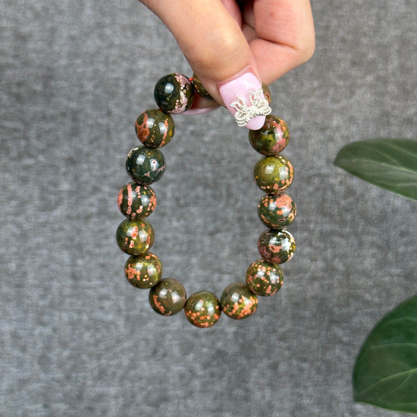 Green and Pink Ocean Jasper  Bracelet Size 14 mm