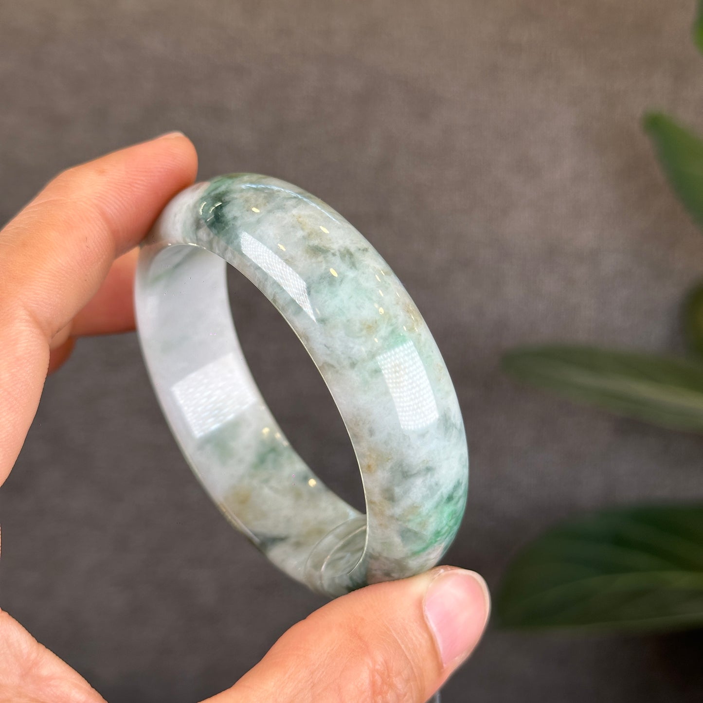 Natural Floral Green with Touches of Orange Jadeite Jade Bangle Leaf Style Size 57 mm