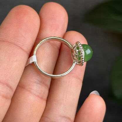 Nephrite Jade Bead Ring in Silver Setting Size 1.7