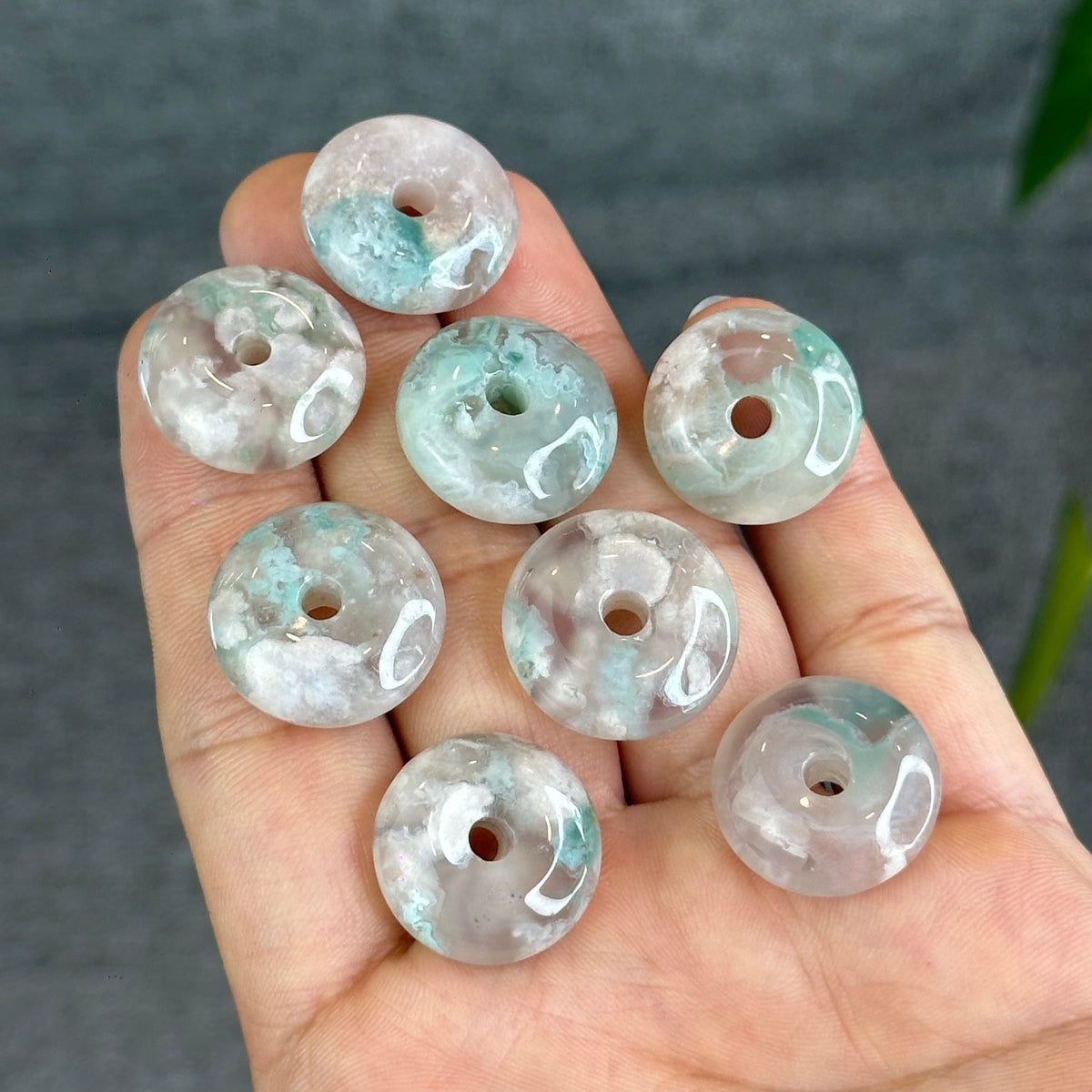 Natural Pastel Green Floral Agate Dong Dieu Donut Charm