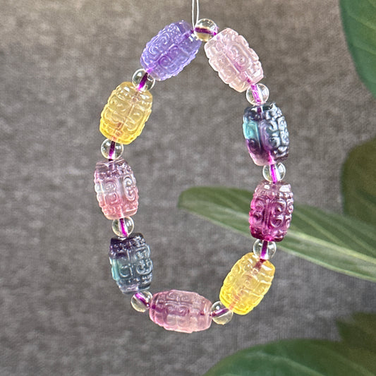 Natural Fluorite Barrel Carved Bracelet Size 10.8 mm