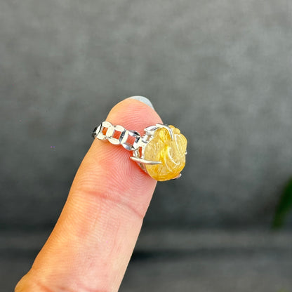 Natural Golden Rutilated Quartz Ho Ly Ring in Silver White Gold Plated Setting Size 1.6