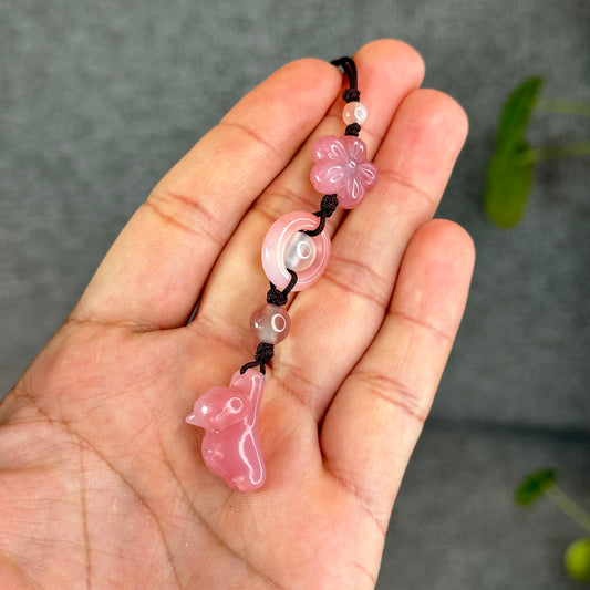 Natural Yuanyuan Pink Agate Cat Donut Charm Hanging Accessory
