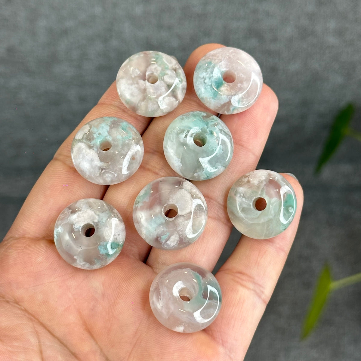 Natural Pastel Green Floral Agate Dong Dieu Donut Charm