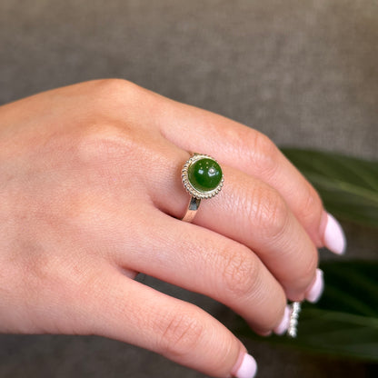 Nephrite Jade Bead Ring in Silver Setting Size 1.7