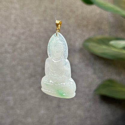 Adida Buddha Translucent Light Green Jadeite Jade Type A Pendant with 18 k Gold Hook