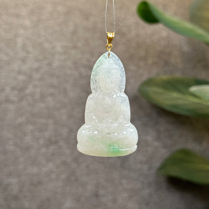 Adida Buddha Translucent Light Green Jadeite Jade Type A Pendant with 18 k Gold Hook