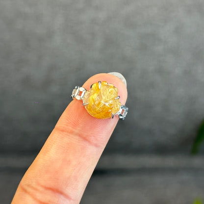 Natural Golden Rutilated Quartz Ho Ly Ring in Silver White Gold Plated Setting Size 1.6
