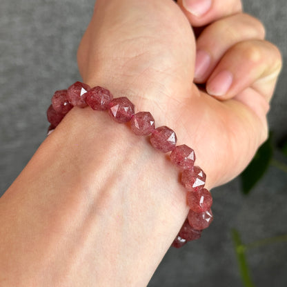Natural Pink Strawberry Quartz Diamond Faceted Bracelet Size 9 mm