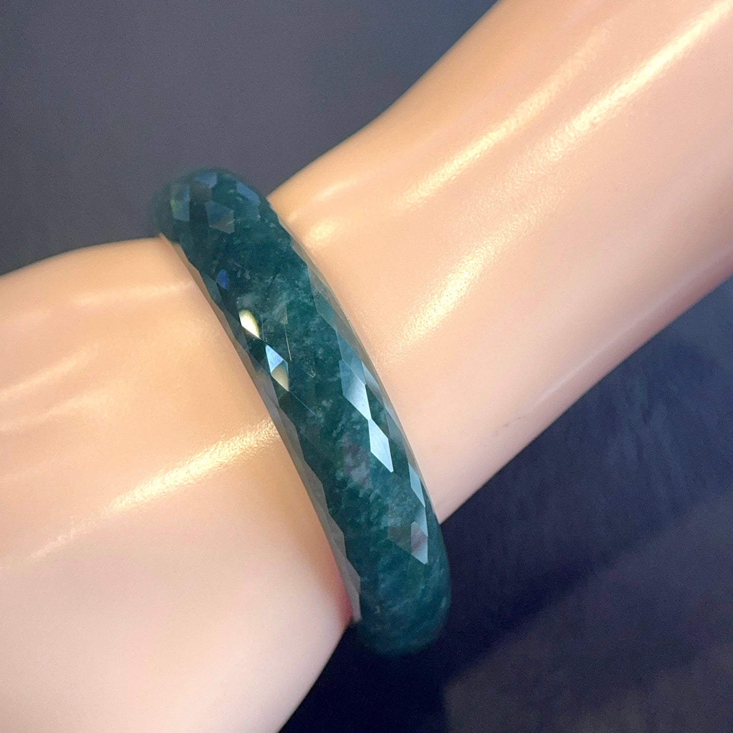 Water Green Semi-Translucent Faceted Natural Jadeite Jade Bangle Leaf Style Size 55 mm