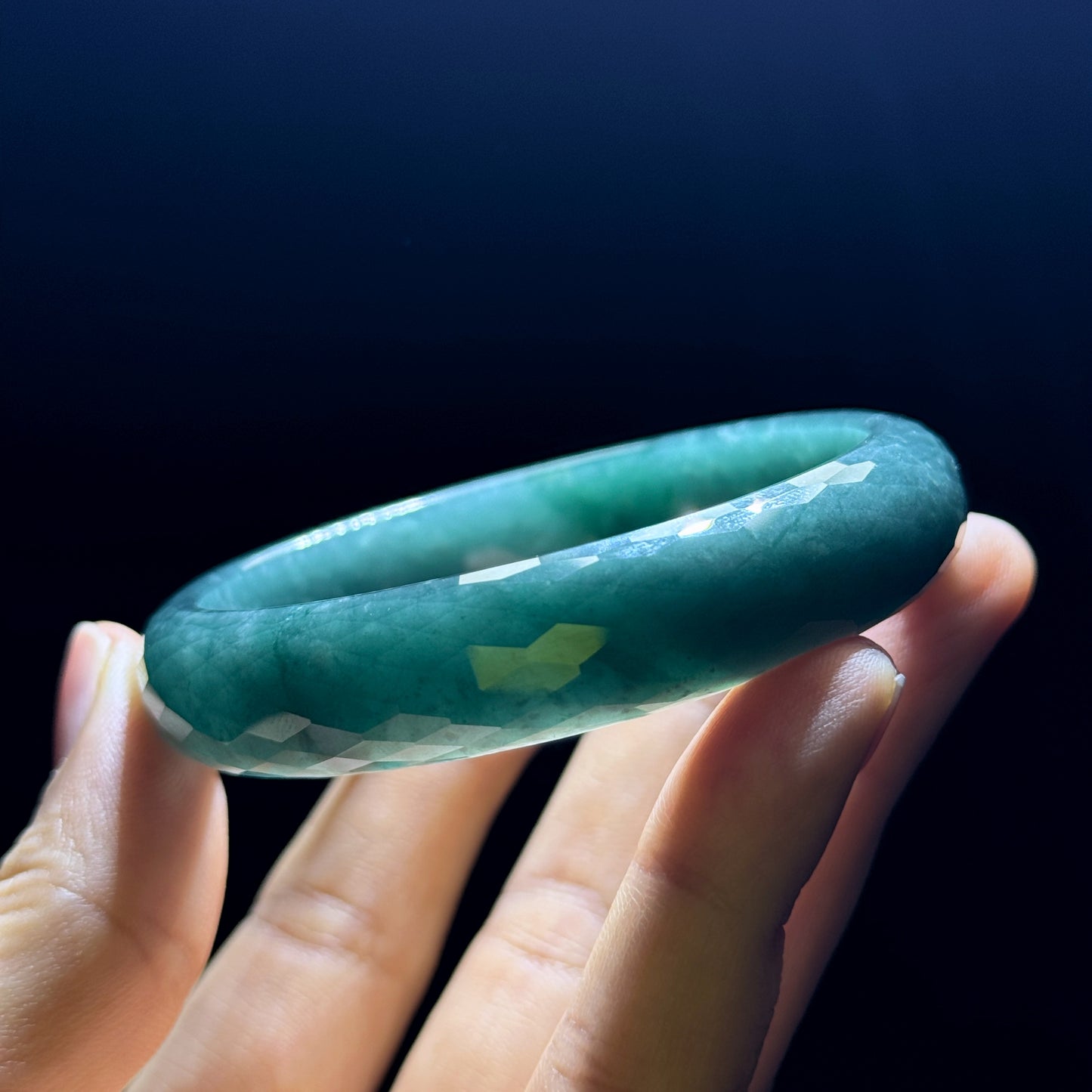 Water Green Semi-Translucent Faceted Natural Jadeite Jade Bangle Leaf Style Size 55 mm