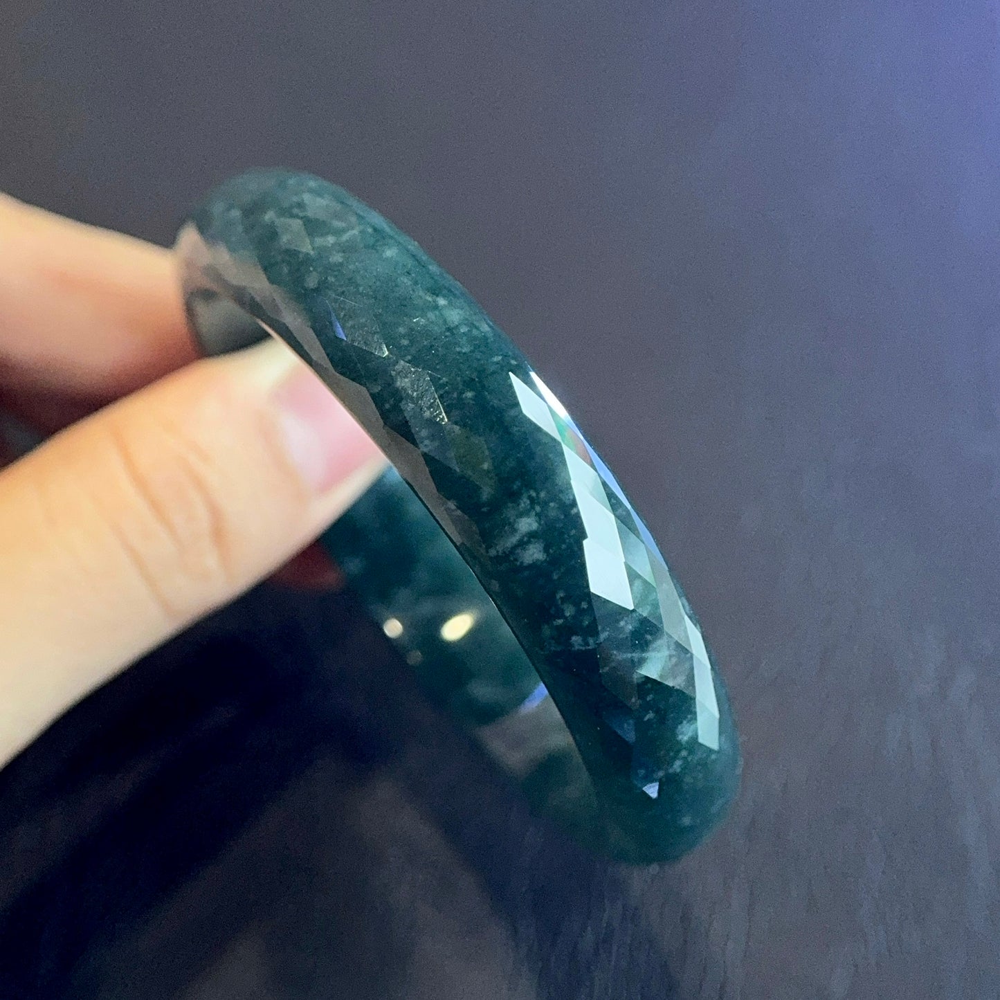 Water Green Semi-Translucent Faceted Natural Jadeite Jade Bangle Leaf Style Size 55 mm