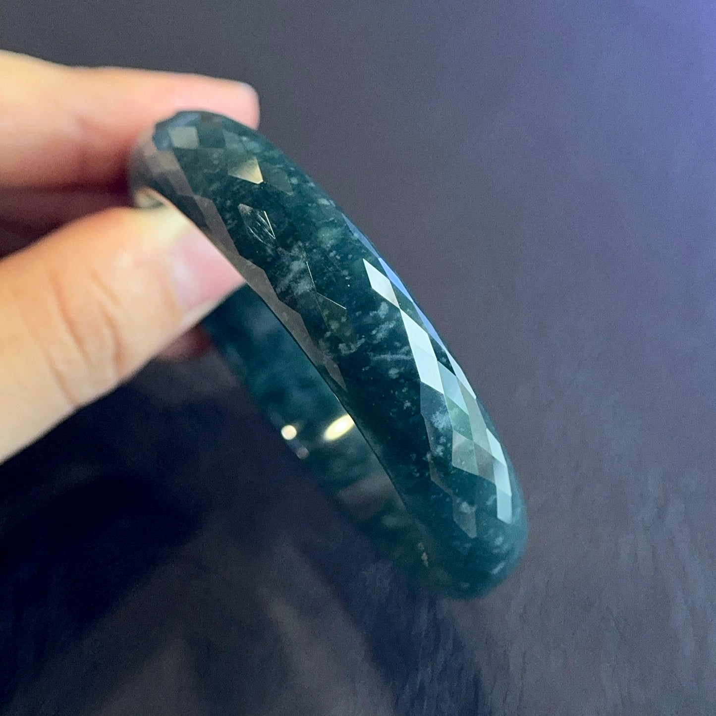 Water Green Semi-Translucent Faceted Natural Jadeite Jade Bangle Leaf Style Size 55 mm