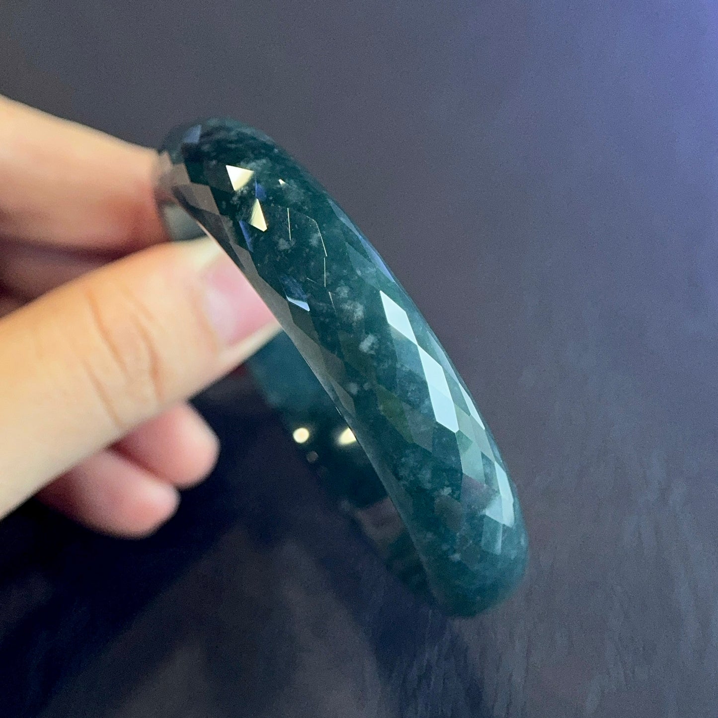 Water Green Semi-Translucent Faceted Natural Jadeite Jade Bangle Leaf Style Size 55 mm