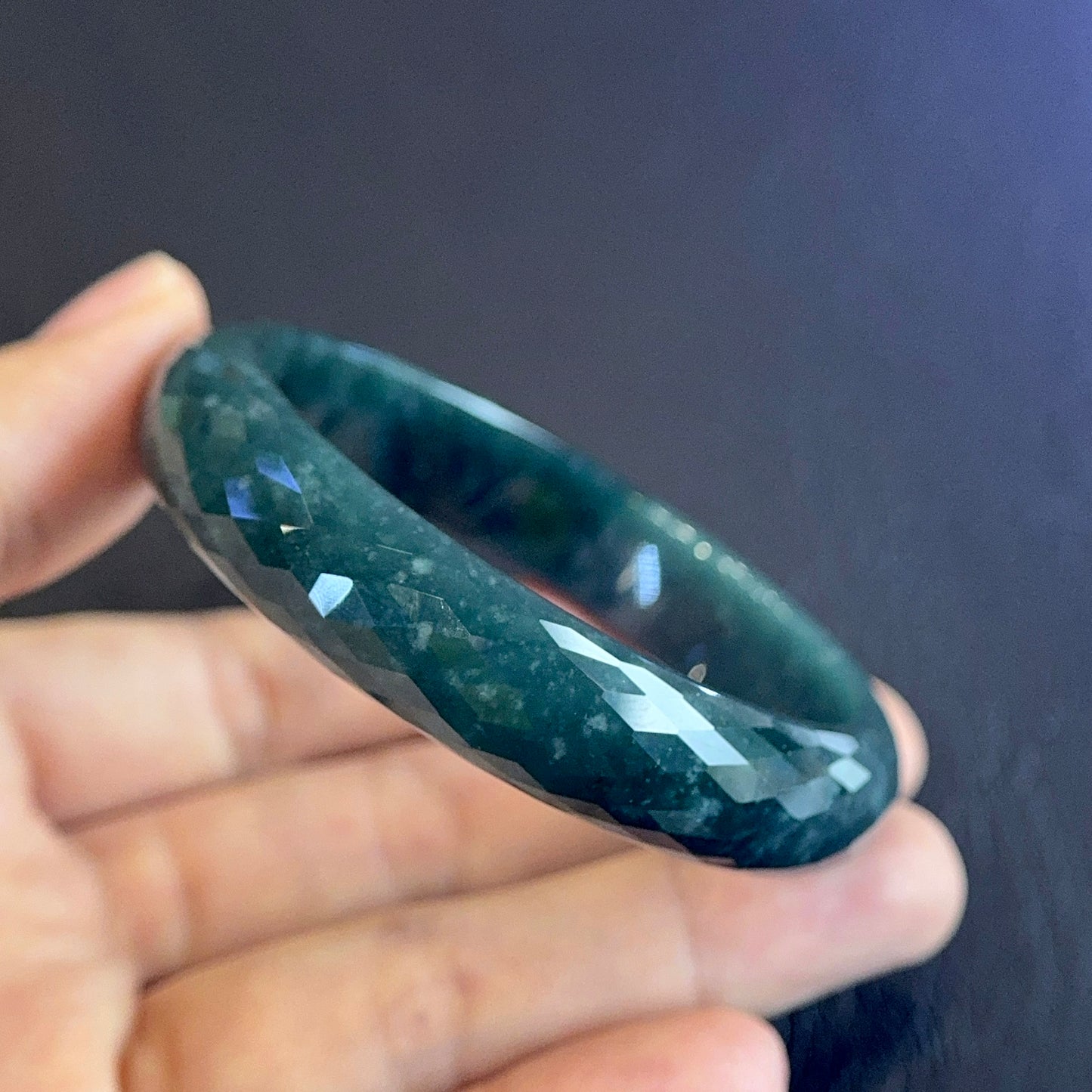 Water Green Semi-Translucent Faceted Natural Jadeite Jade Bangle Leaf Style Size 55 mm