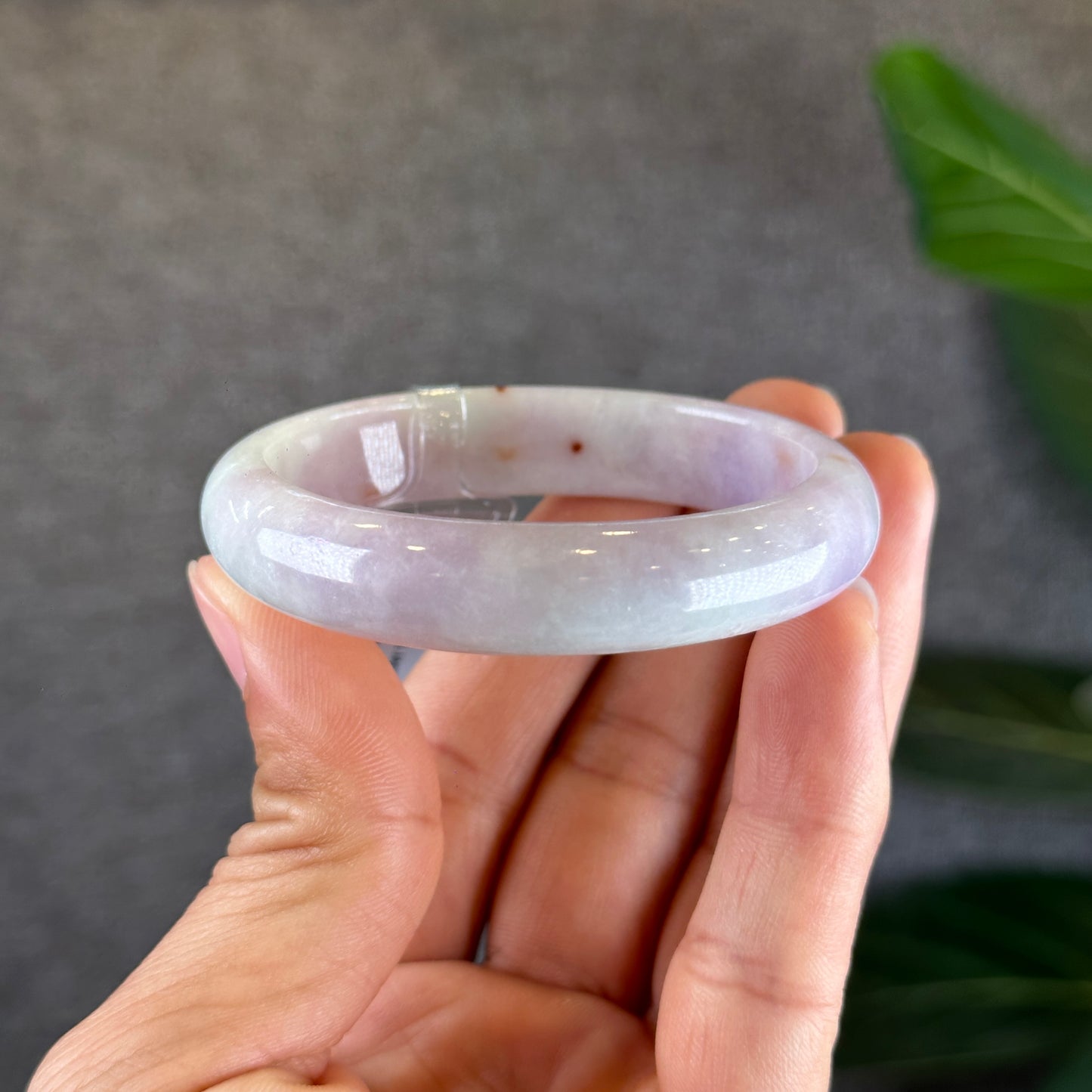 Lavendar with Two Orange Dots Jadeite Jade Oval Leaf Style Bangle Size 50-51 mm Certificate 646759