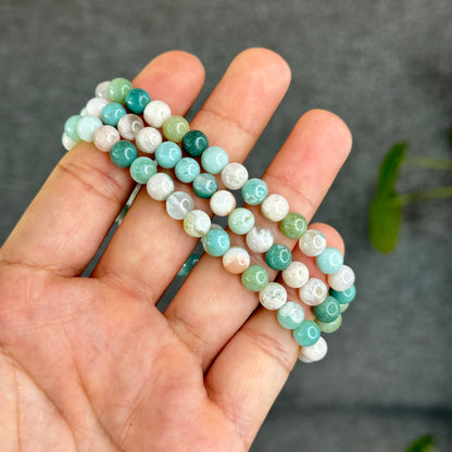 Natural Green Floral Agate Triple Wrap Bracelet Size 6.7 mm