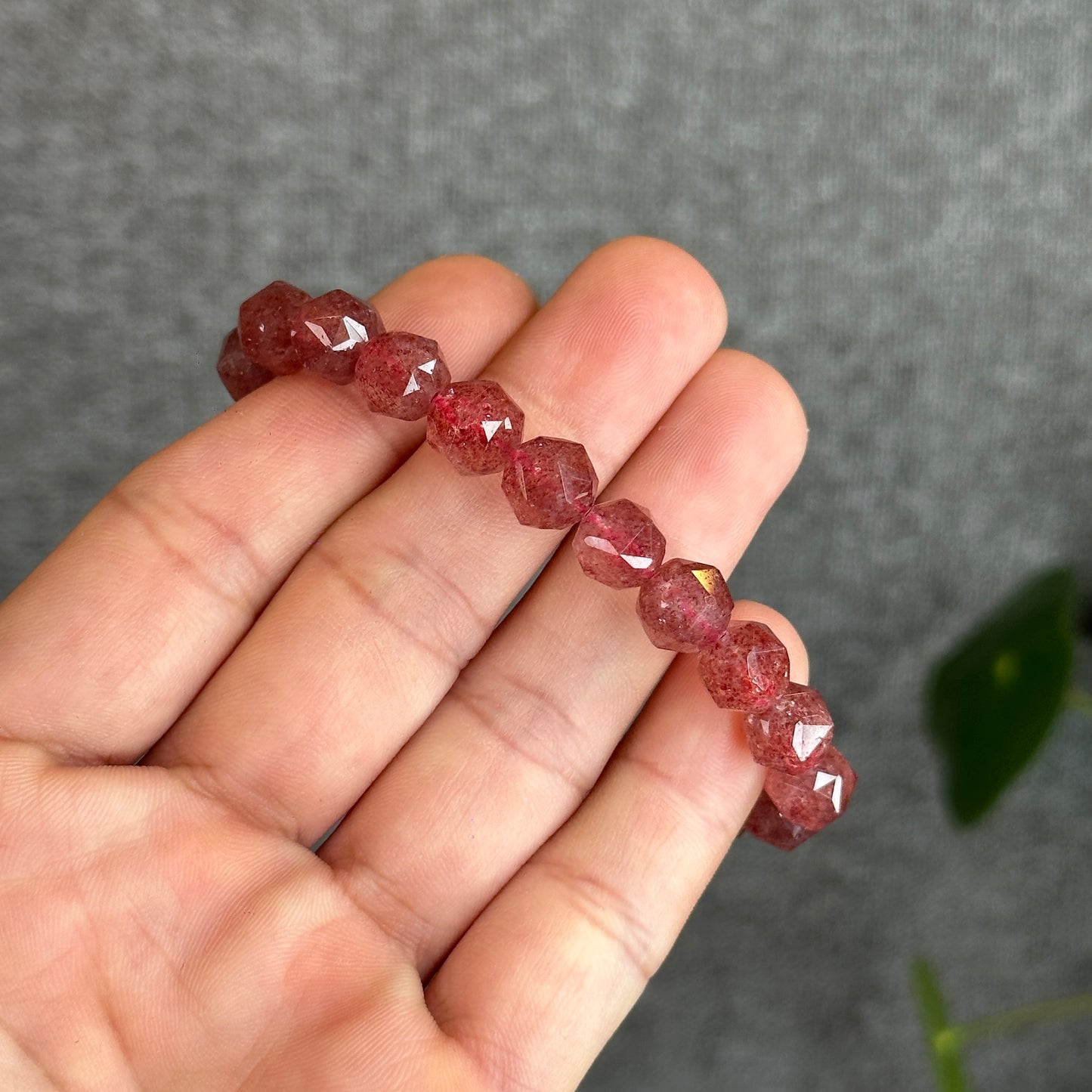 Natural Pink Strawberry Quartz Diamond Faceted Bracelet Size 9 mm