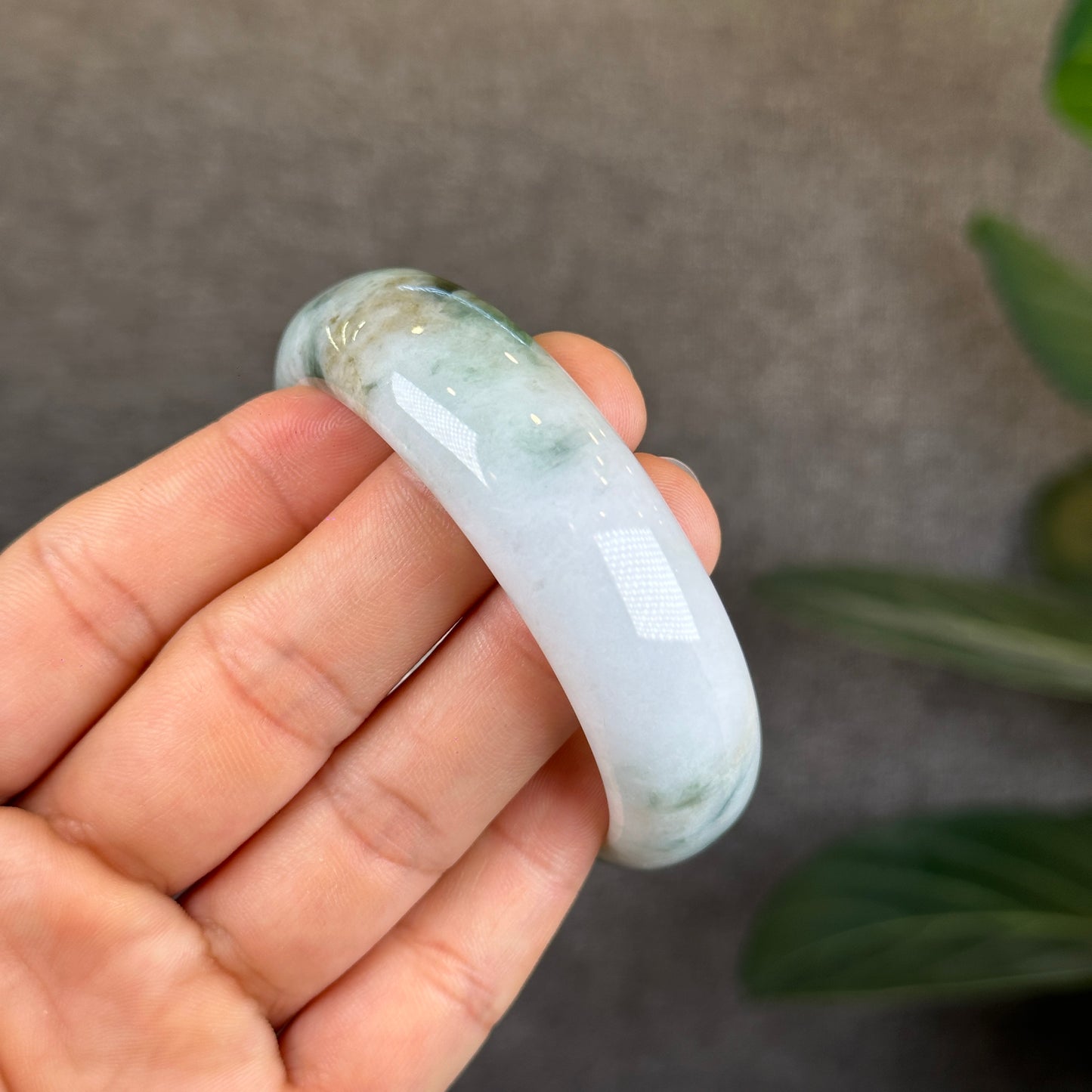 Natural Floral Green with Touches of Orange Jadeite Jade Bangle Leaf Style Size 57 mm