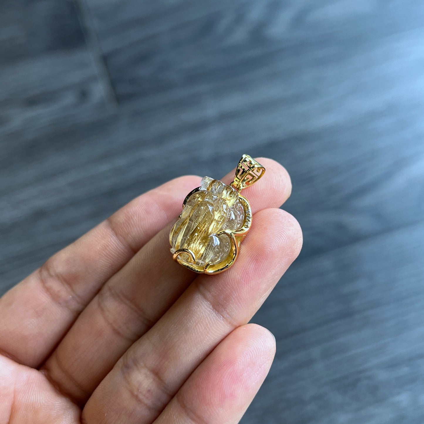 Pixiu Golden Rutilated Quartz Pendant in Yellow Gold Setting