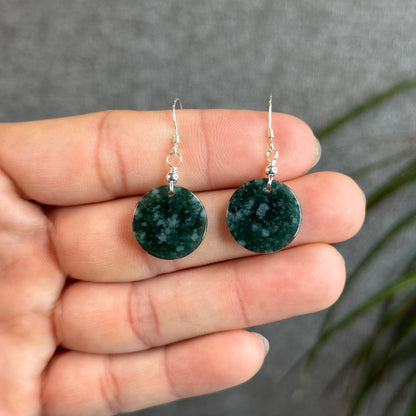 Natural Dark Water Green Jadeite Jade Earring with Silver hook