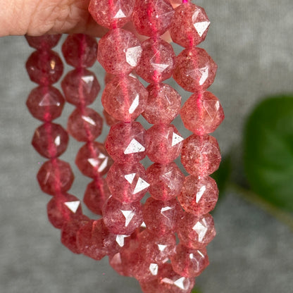 Natural Pink Strawberry Quartz Diamond Faceted Bracelet Size 9 mm