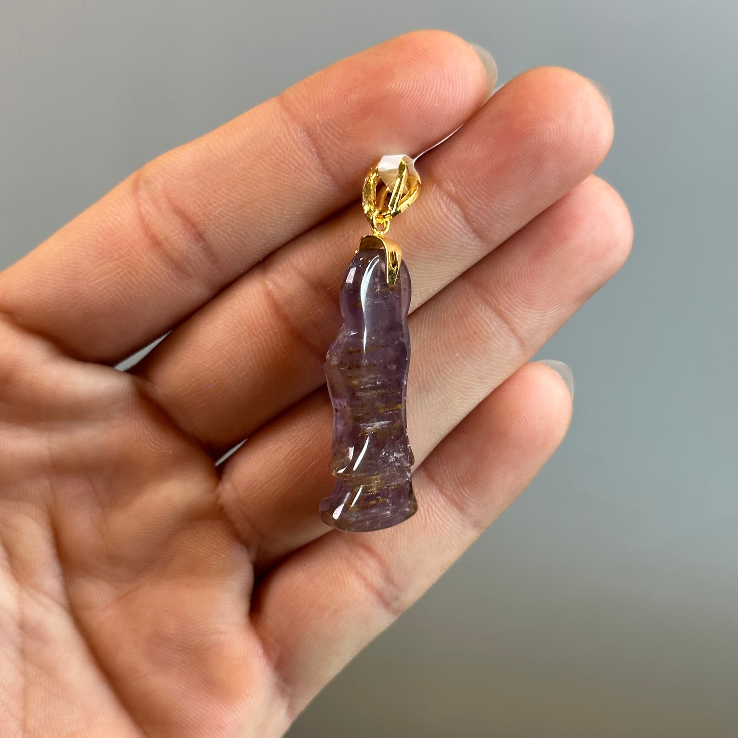 Quan Yin Amethyst Cacoxenite Pendant 10k Yellow Gold