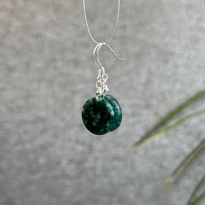 Natural Dark Water Green Jadeite Jade Earring with Silver hook