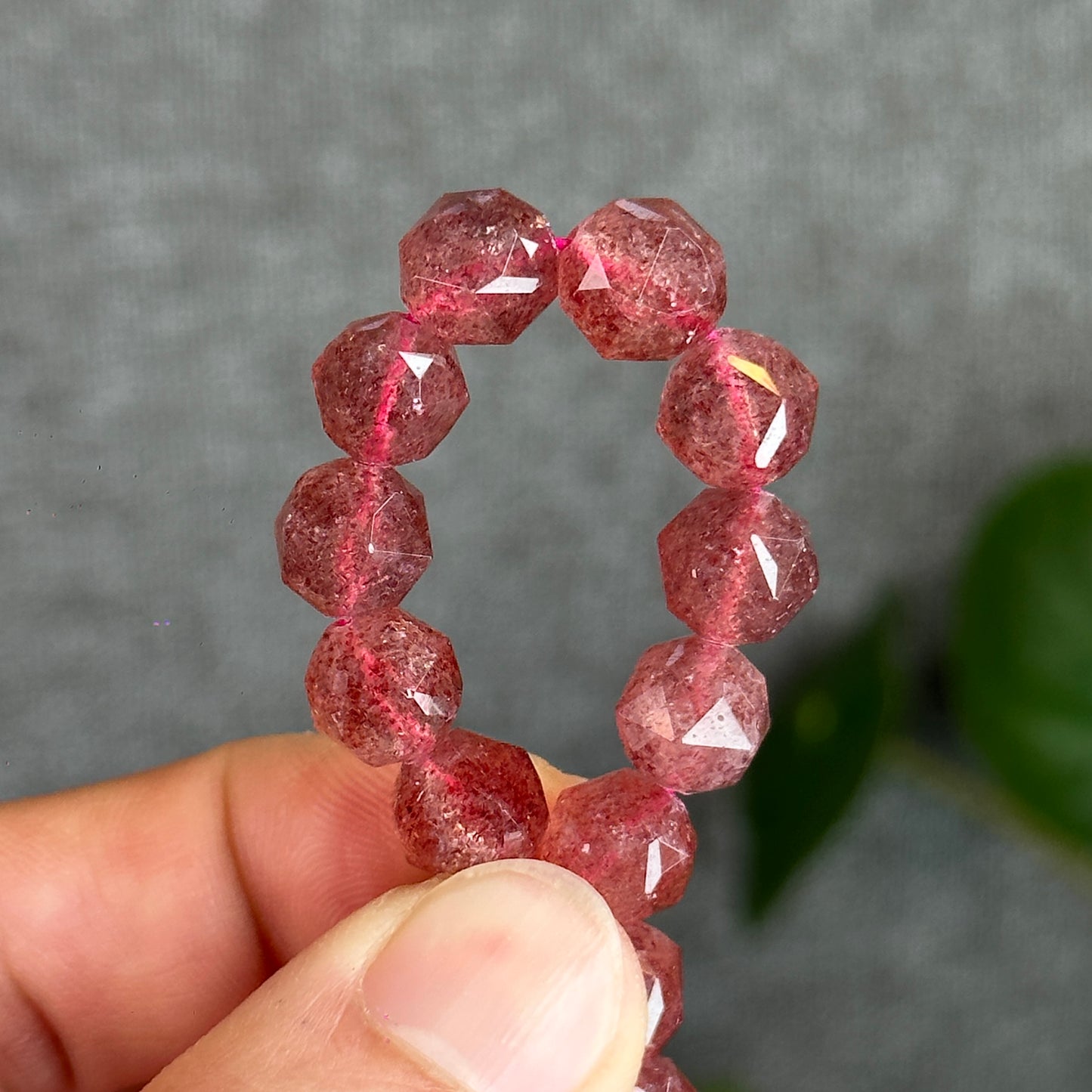 Natural Pink Strawberry Quartz Diamond Faceted Bracelet Size 9 mm