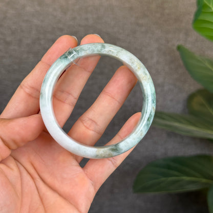 Natural Floral Green with Touches of Orange Jadeite Jade Bangle Leaf Style Size 57 mm