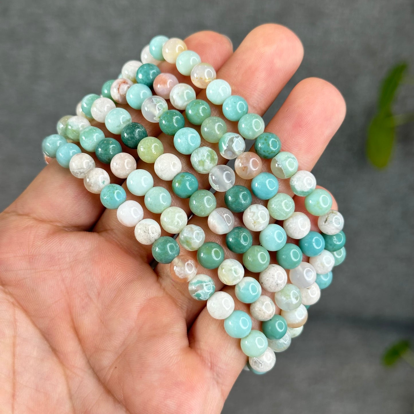 Natural Green Floral Agate Triple Wrap Bracelet Size 6.7 mm