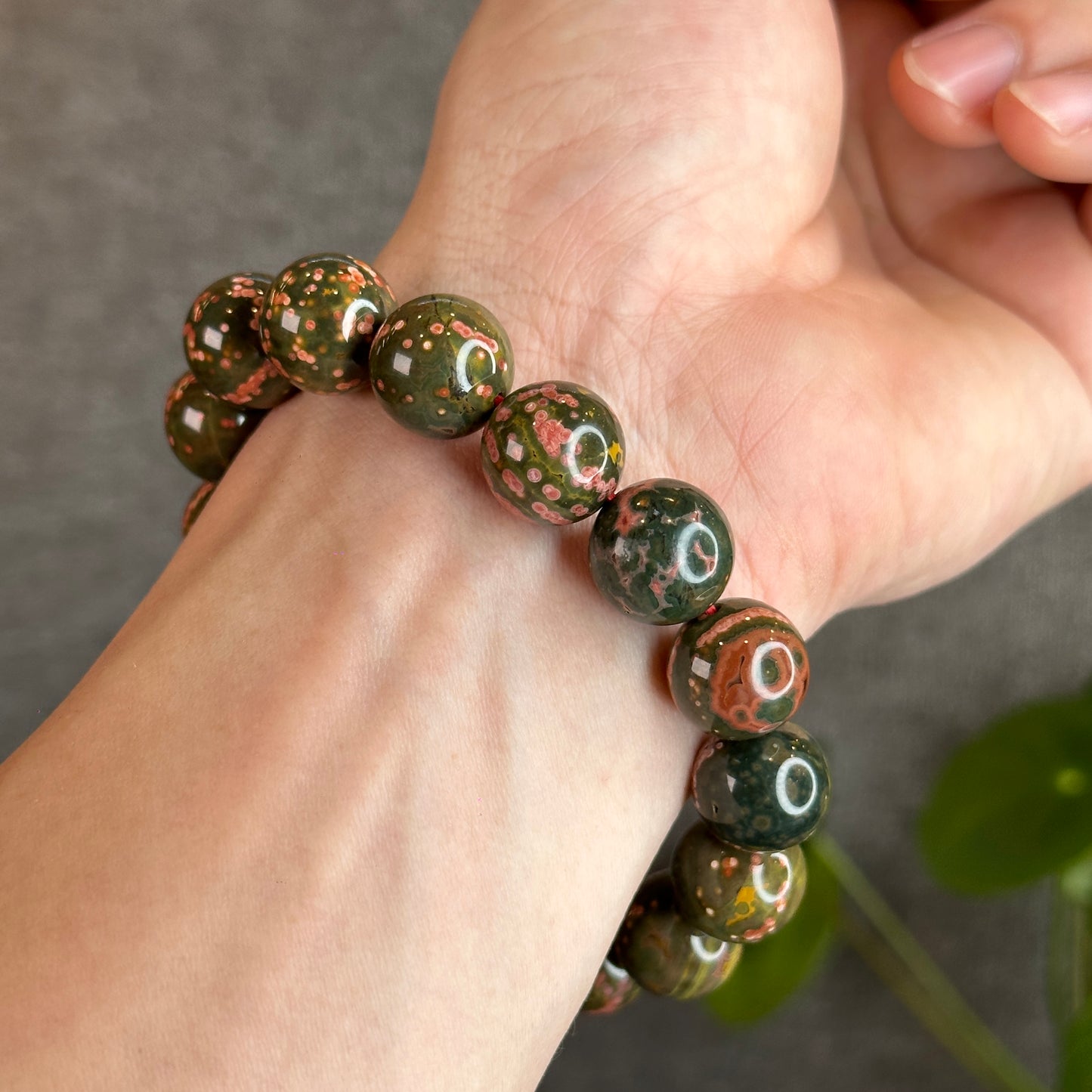 Green and Pink Ocean Jasper  Bracelet Size 14 mm