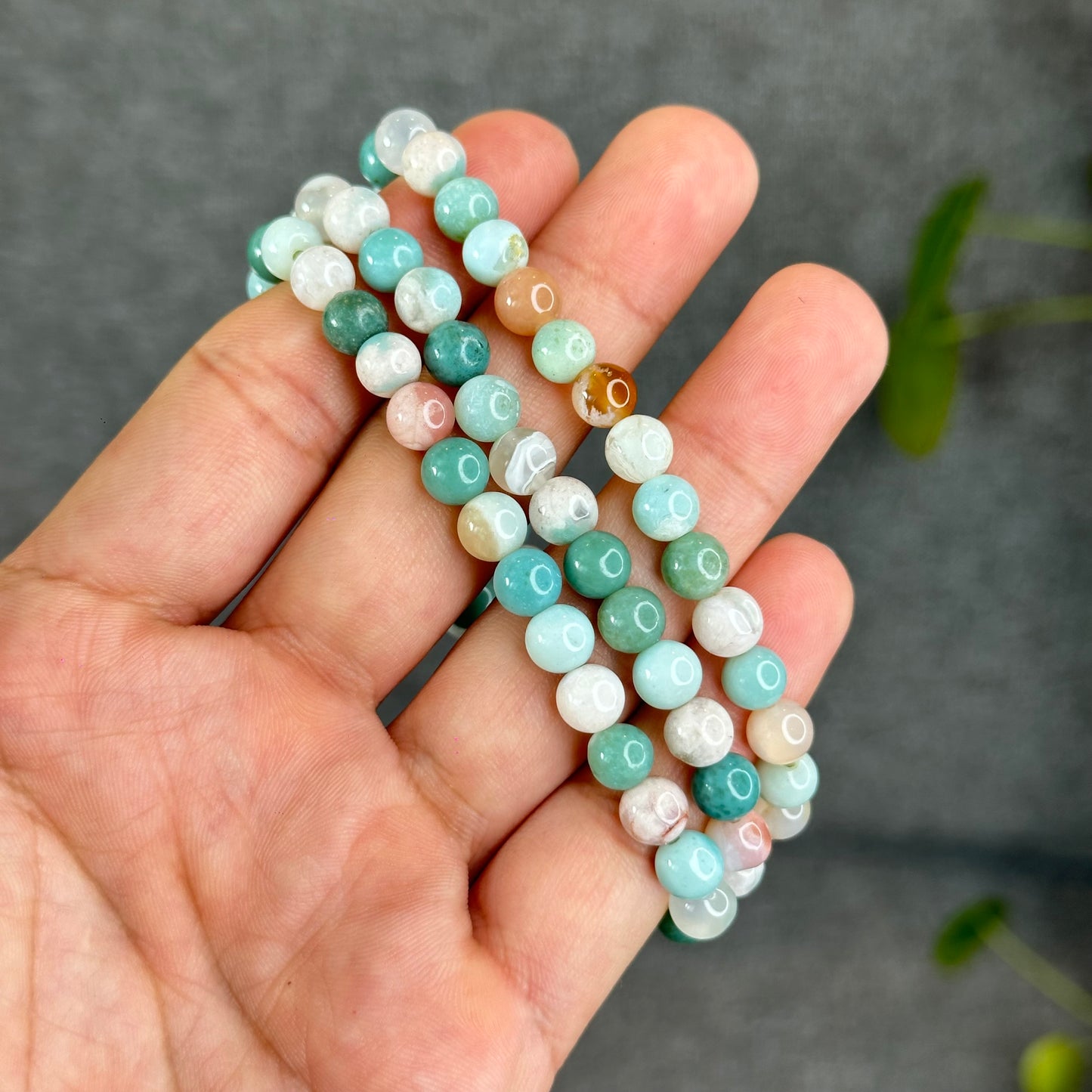 Natural Green Floral Agate Triple Wrap Bracelet Size 6.7 mm