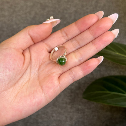 Nephrite Jade Bead Ring in Silver Setting Size 1.7