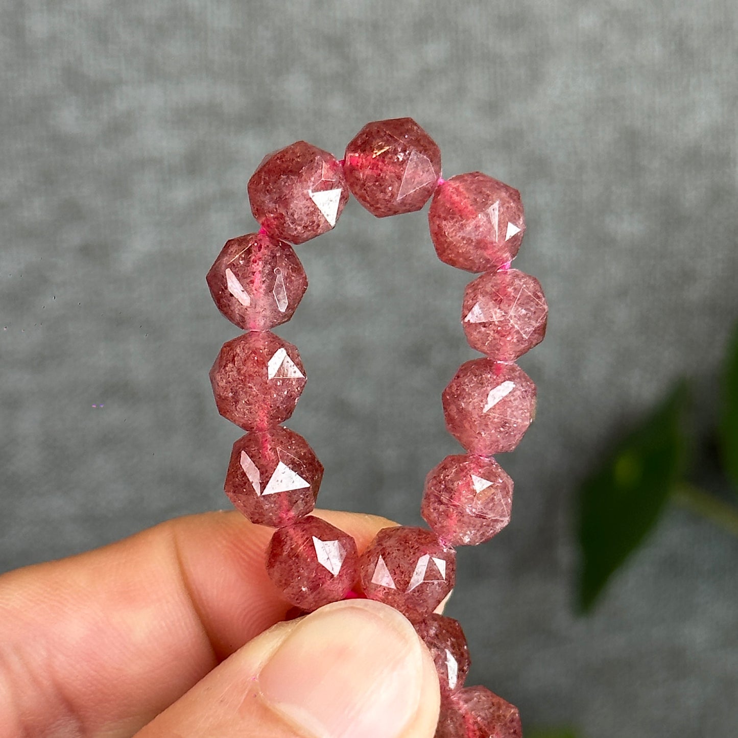 Natural Pink Strawberry Quartz Diamond Faceted Bracelet Size 9 mm
