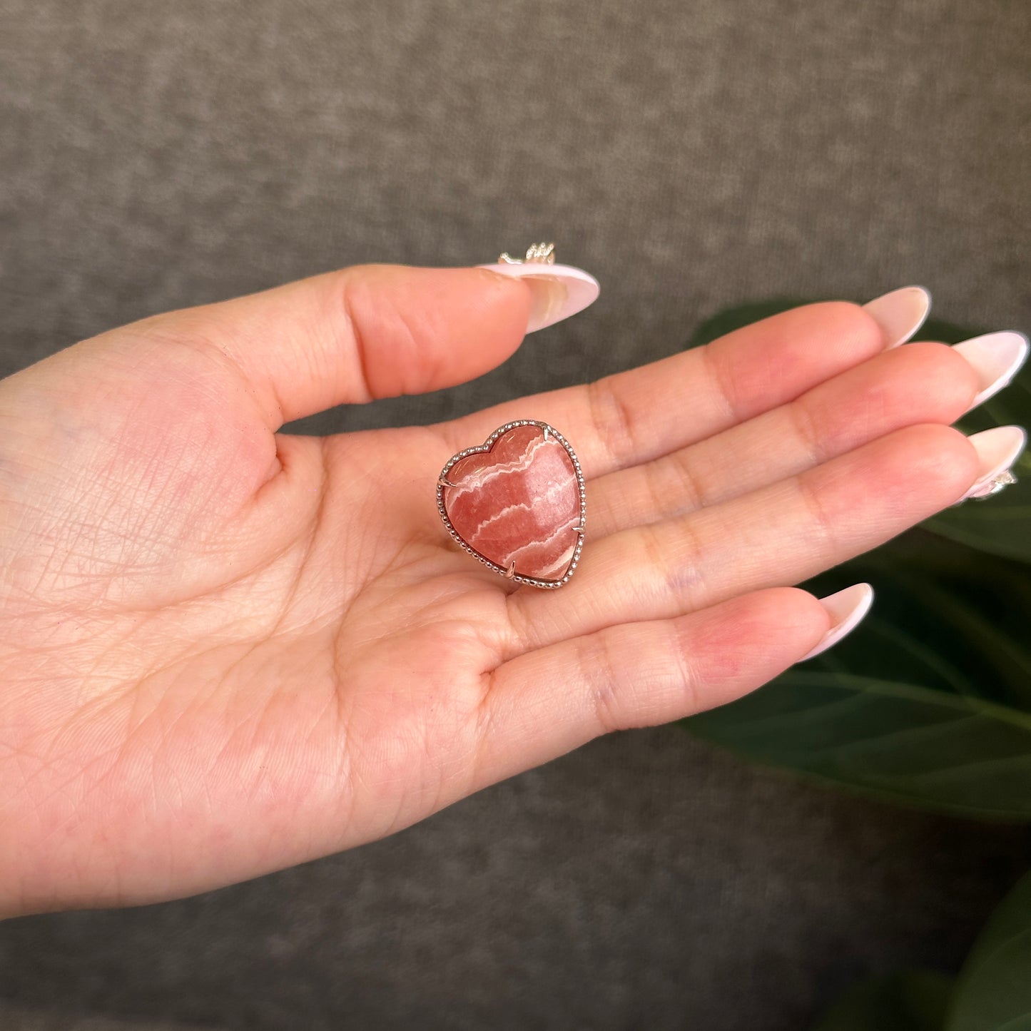 Heart Rhodochrosite Ring in Silver with White Stone Setting Size 1.75