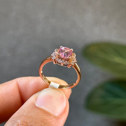 Cushion Cut Natural Light Pink Spinel Ring in 10 k Rose Gold Setting with White Stone Surrounding Elegant Style Size 1.7