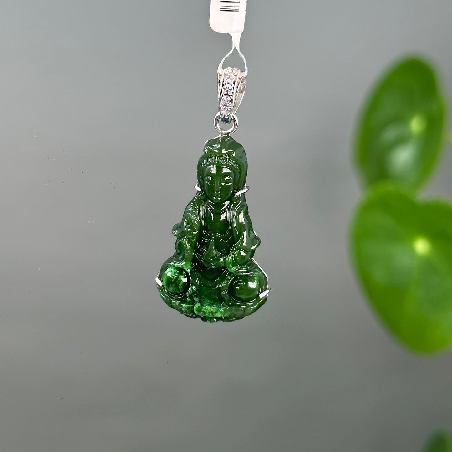 Quan The Am Buddha Nephrite Jade Pendant in 10K White Gold Simple Setting