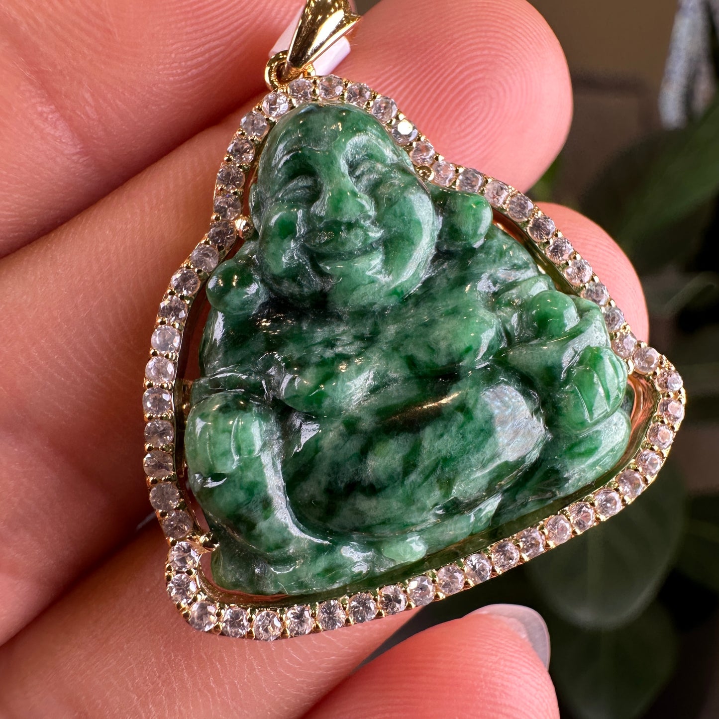 Happy Buddha Son Thuy Natural Jadeite Jade Pendant in 10 k Yellow Gold and White Sapphire Setting