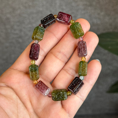 Rainbow Tourmaline Nhu Y Lu Thong Bracelet sculpté Taille 14 mm