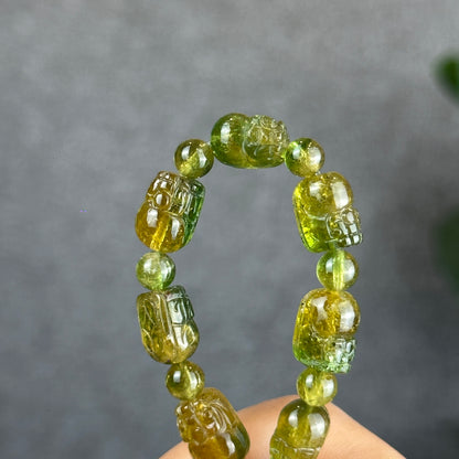 Bi Colour Green-Yellow Tourmaline Pixiu Bracelet Size 6.8 mm