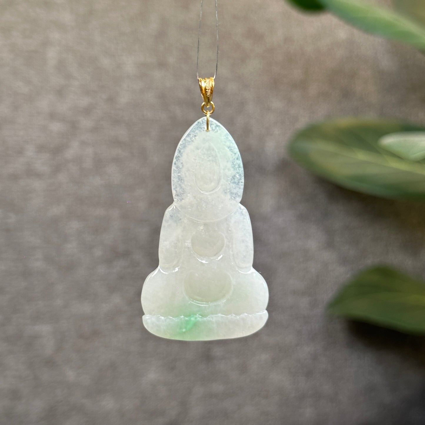 Adida Buddha Translucent Light Green Jadeite Jade Type A Pendant with 18 k Gold Hook