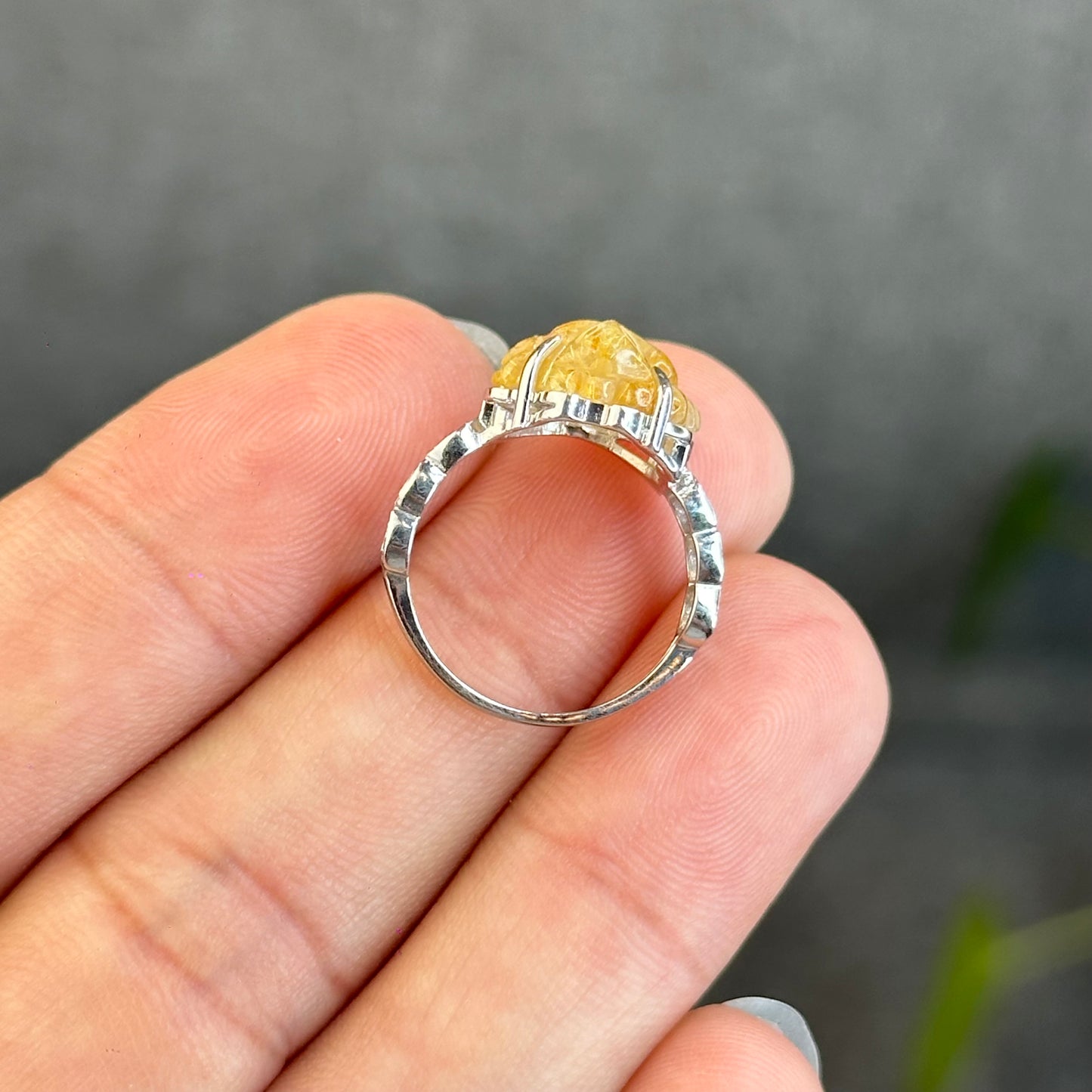 Natural Golden Rutilated Quartz Ho Ly Ring in Silver White Gold Plated Setting Size 1.6